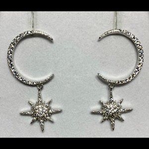 Sterling Silver 925 and CZ Crescent Moon and Star Dangle Earrings